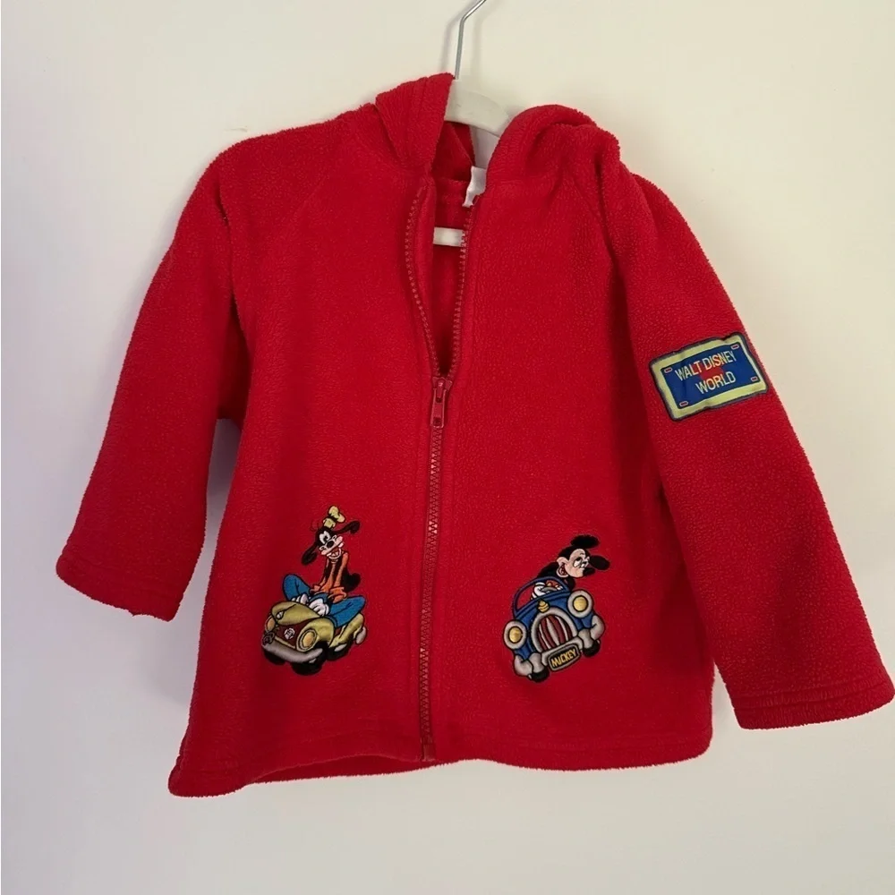 Vintage Y2K Disney Baby Mickey Goofy Cars Fleece Hoodie Full Zip Red 24 Months